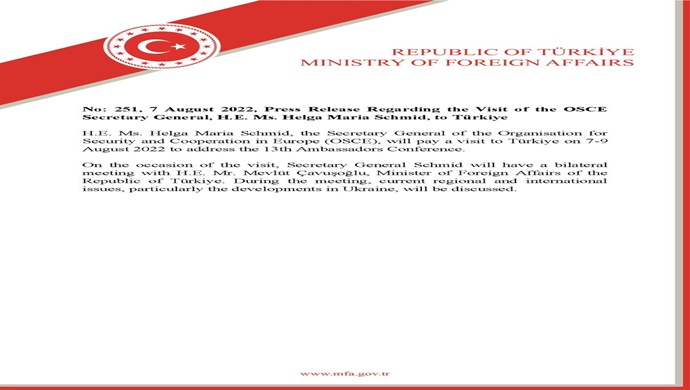 Press Release Regarding the Visit of the OSCE Secretary General, H.E. Ms. Helga Maria Schmid, to Türkiye