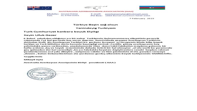 Avstraliyadakı icmamız Türkiyənin Kanberradakı səfirliyinə başsağlığı məktubu ünvanlayıb